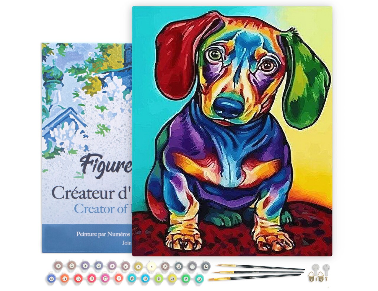 Figured'Art Paint by Numbers for Adults with Frame Dog Color Red and Green Ears 16"x20" - Craft Art Painting DIY Kit Canvas Already Stretched on a Wooden Frame